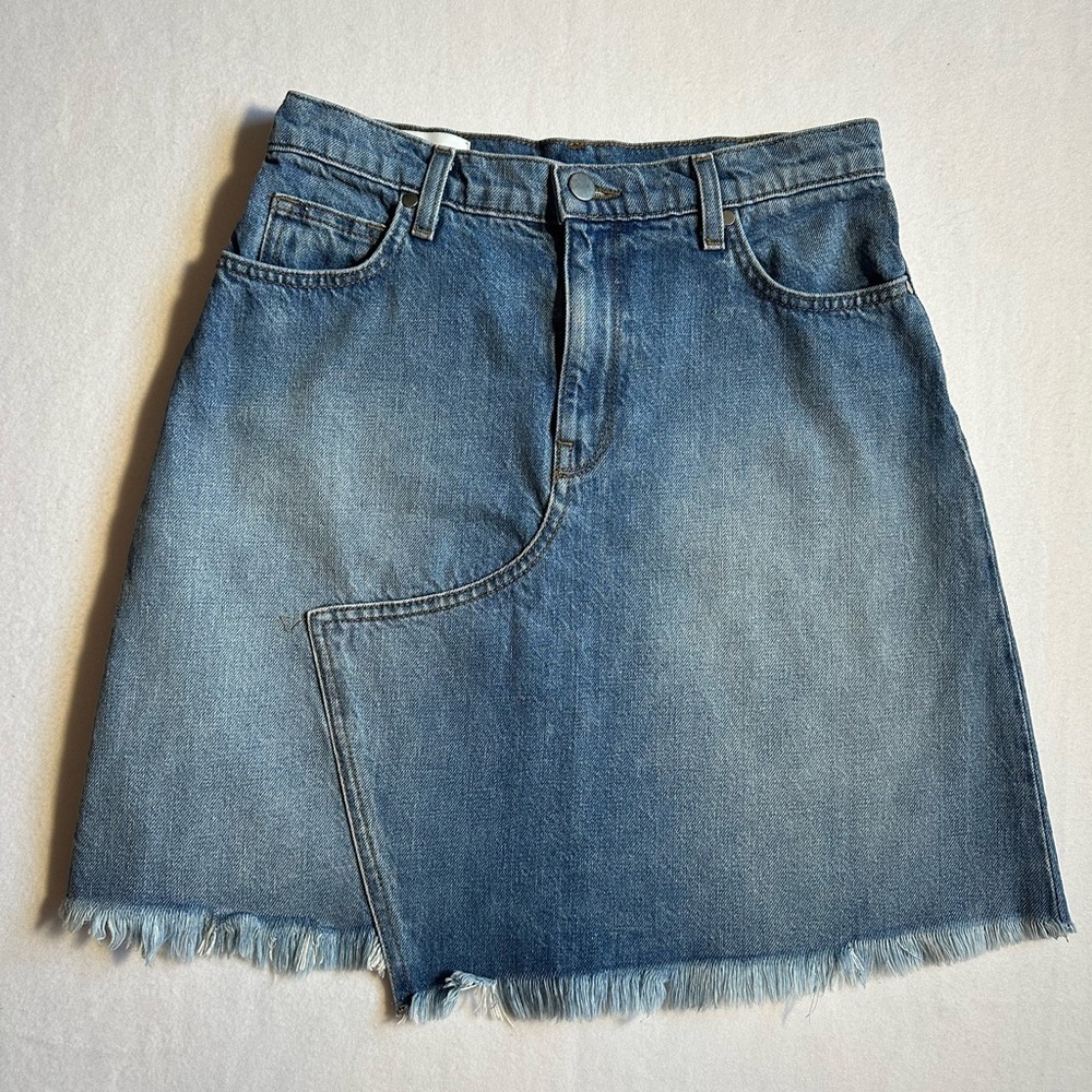 BLDWN Denim Mini Skirt Made in USA Size 27 Asymmetrical Raw Hem Jean Skirt